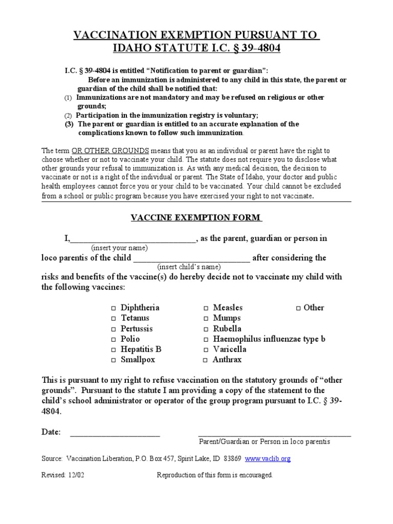 New Idaho Vaccine Exemption Form | PDF | Vaccines | Medical Humanities