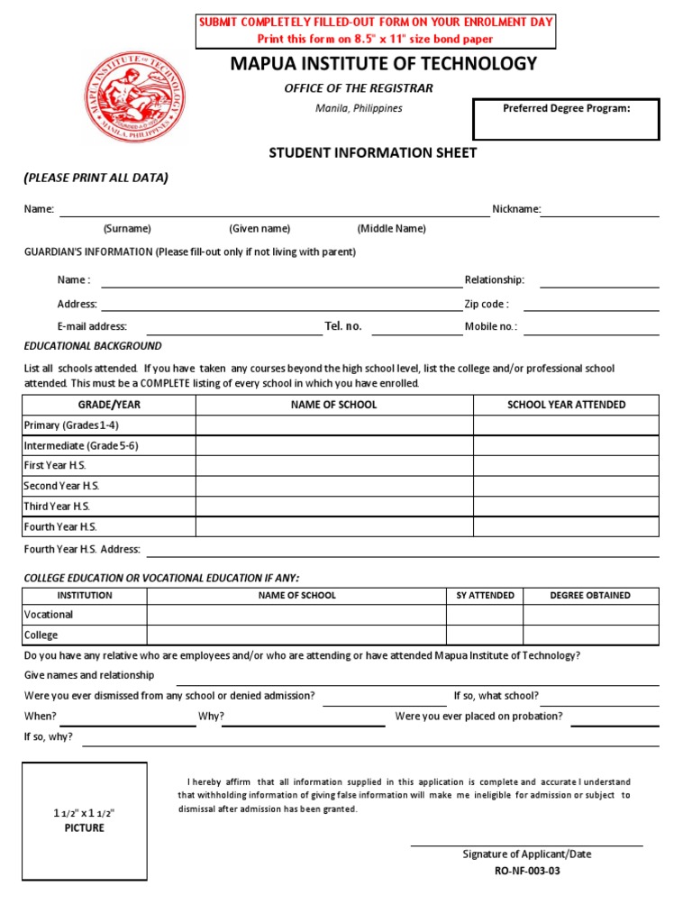 Mapua Enrollment and Student Data Form | PDF
