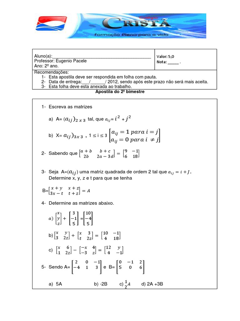 Exercícios de Matrizes - 2º Ano Médio | PDF | Métodos e Materiais de Ensino