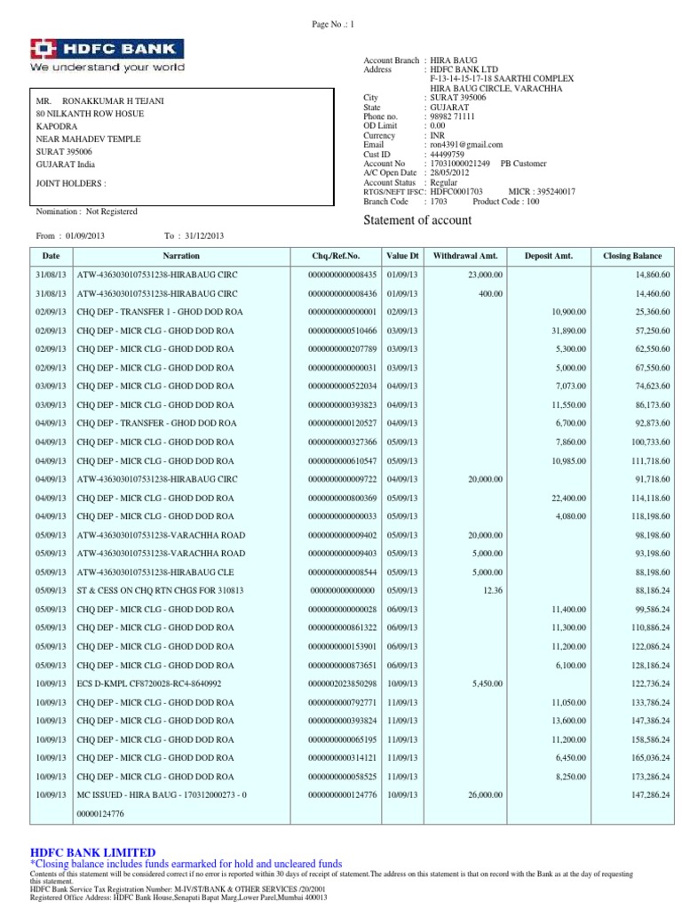 HDFC Report PDF Debits And Credits Payments