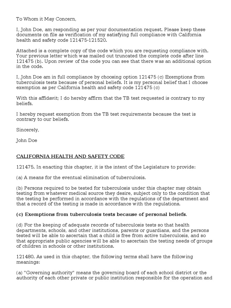 TB Test Exemption California | PDF | Tuberculosis | Regulatory 