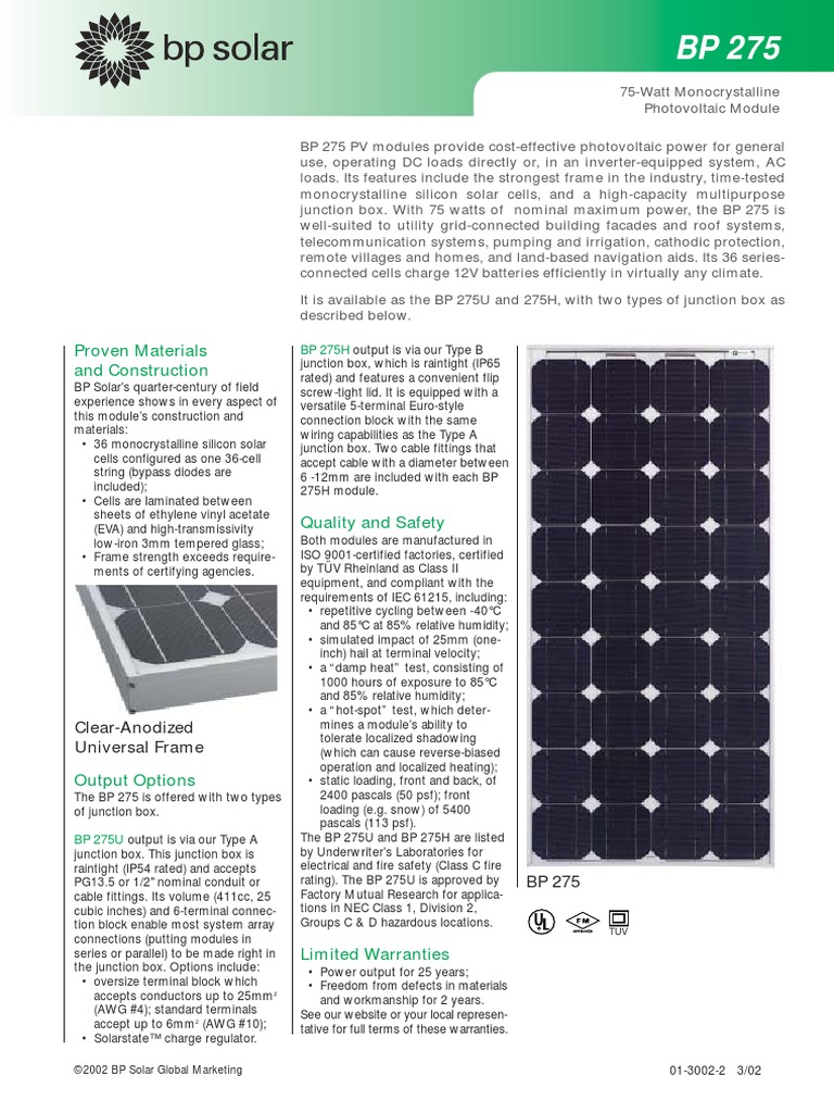 Bp Solar 275u Pdf Solar Panel Photovoltaics
