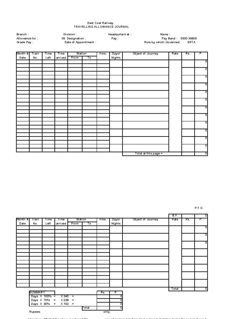 TA Journal format Used for claiming Travelling Allowance in Indian