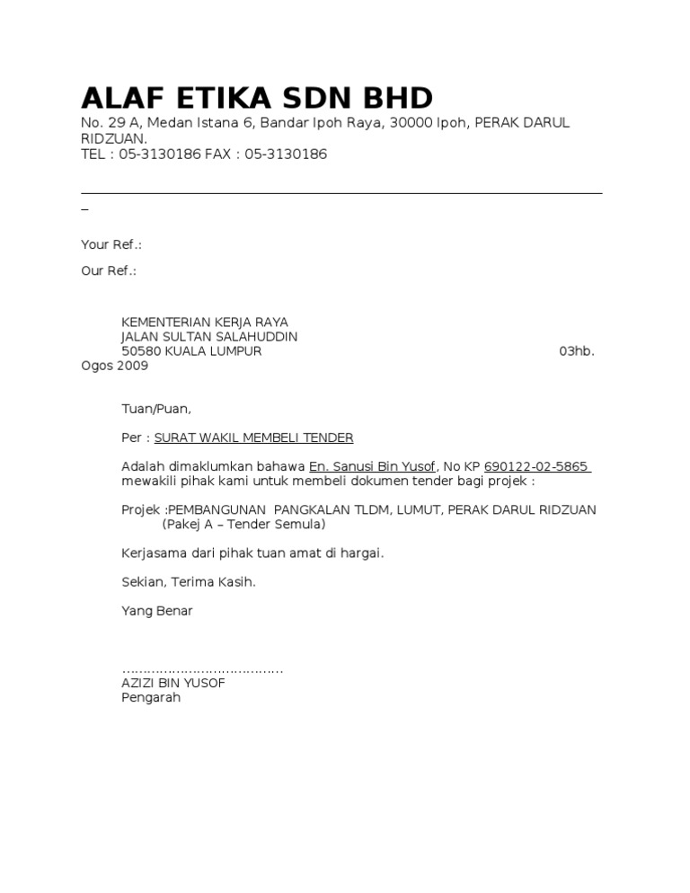 Contoh Surat membeli tender