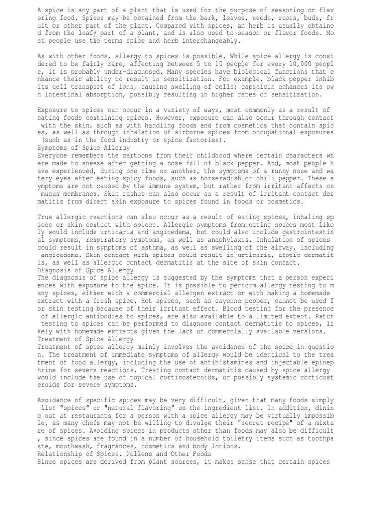 Spice Allergy Allergy Dermatitis