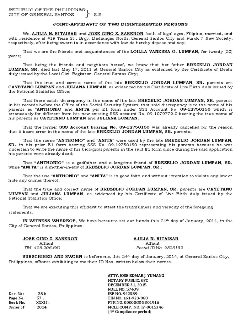 AFFIDAVIT of 2 Disinterested Persons Correction of Name---CUAREZ | Common Law | Civil Law ...