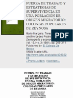 Fuerza de Trabajo y Estratégias de Supervivencias en Una Población de Origen Migratorio Colonias Populares de Reynosa