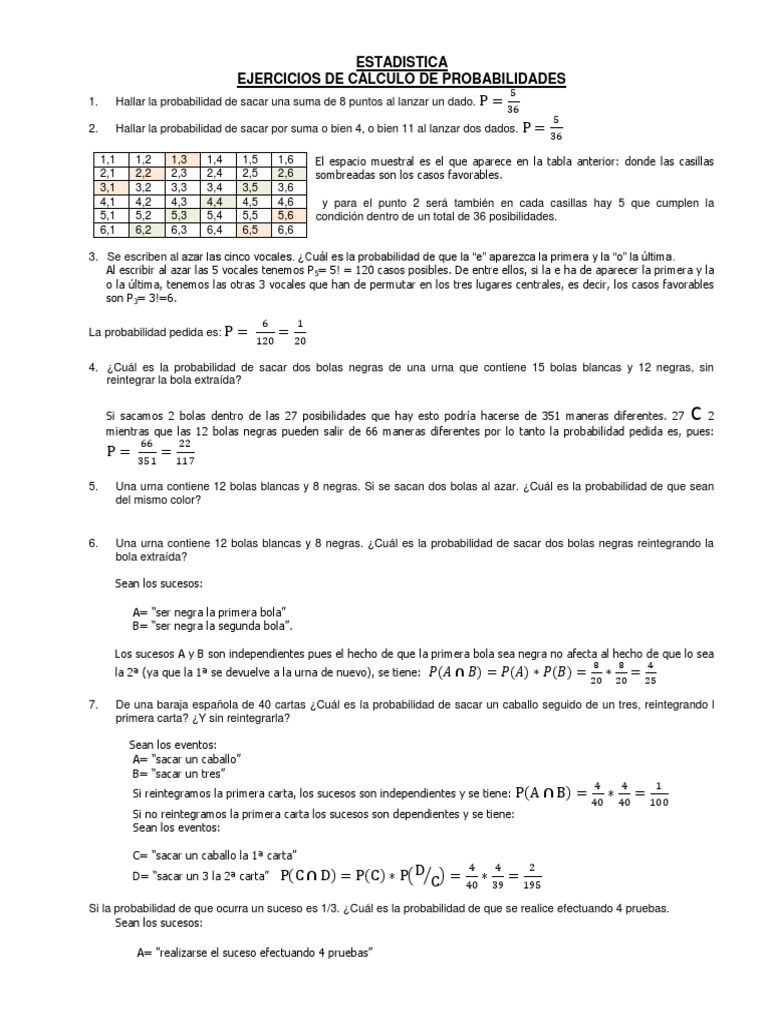 Ejercicios de Probabilidades 2 | PDF | Probabilidad | Enseñanza de ...