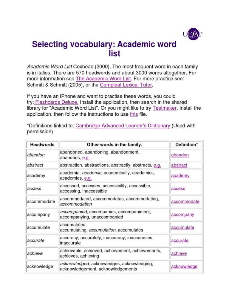 Selecting Vocabulary Academic Word List PDF