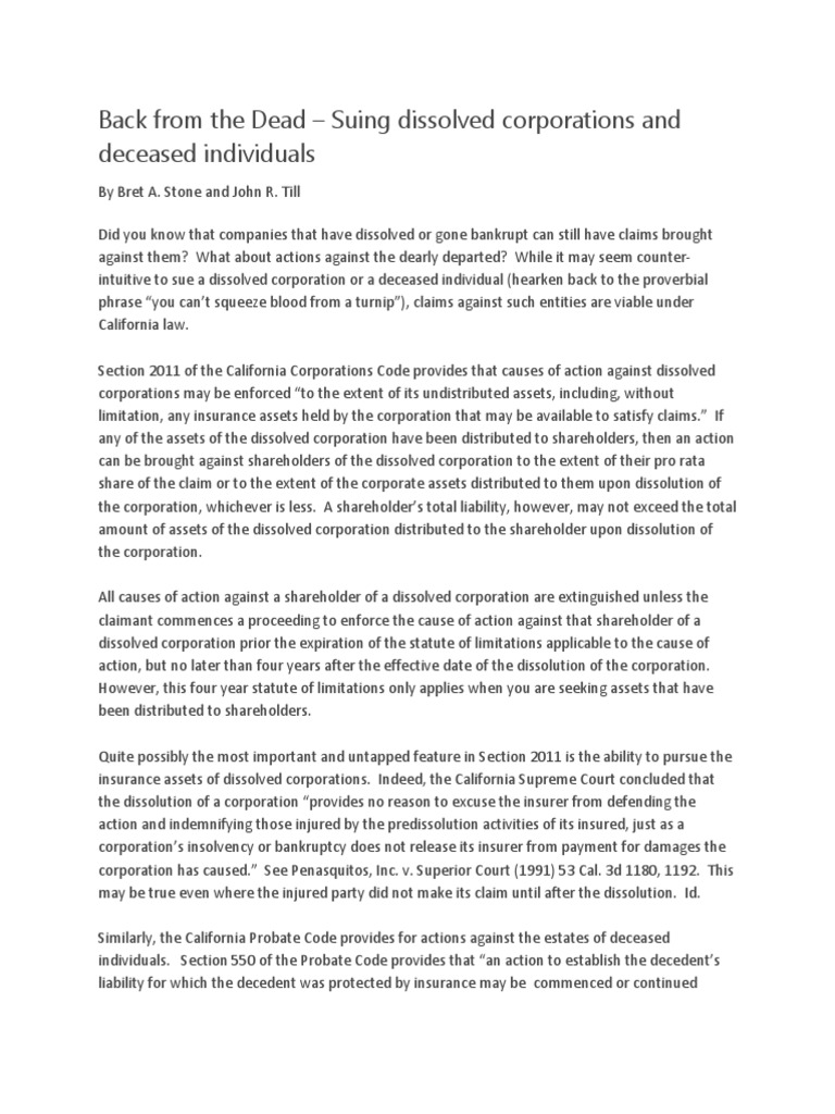 Back From The DeadSuing Dissolved Corporations in California PDF Corporations Probate