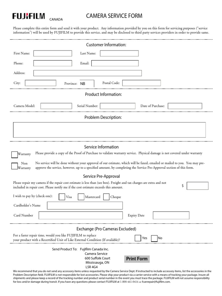 FUJIFILM Camera Service Form | PDF