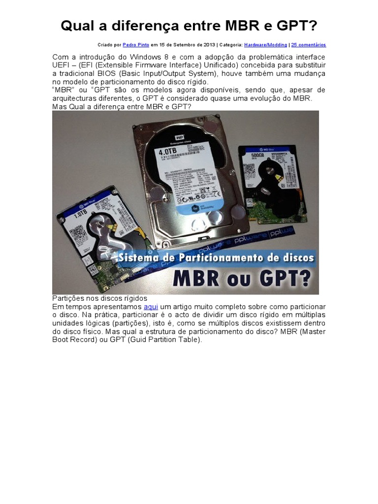 Diferenças entre MBR e GPT | PDF | PCs (computadores) | Classes de ...