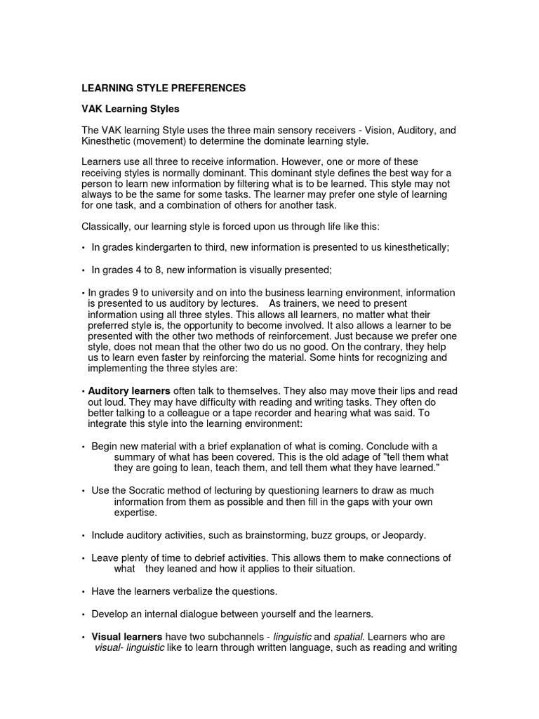 Learning Style Vak | PDF | Learning Styles | Neuroscience
