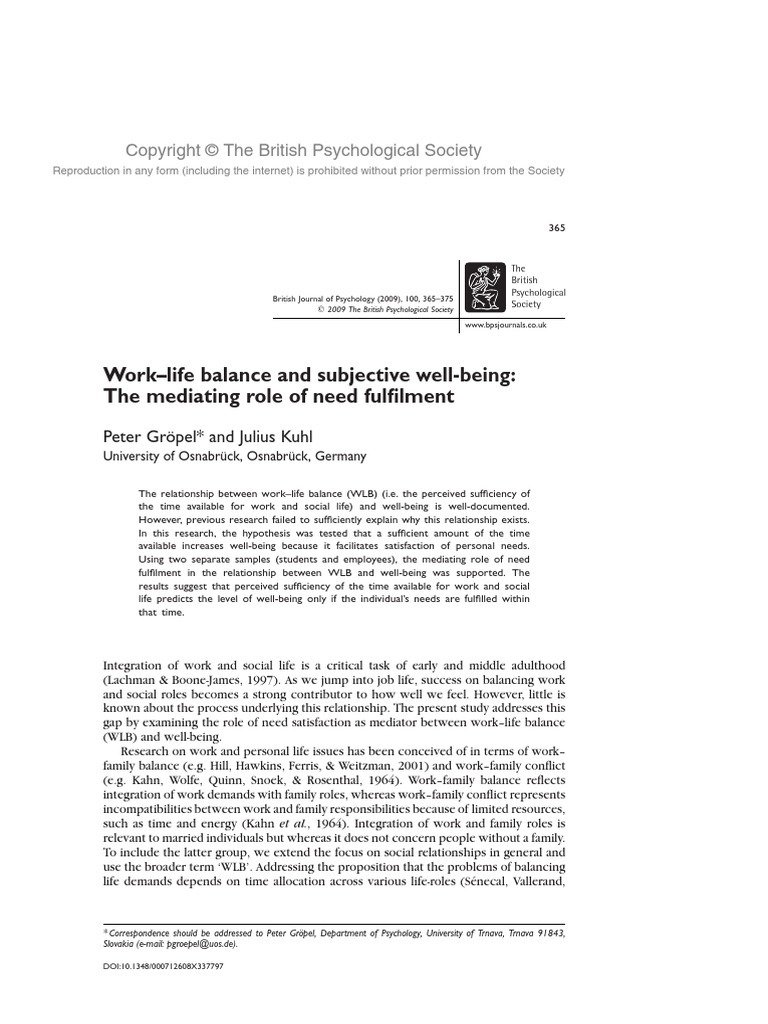 Work Life Balance and Subjective Well Being | PDF | Goal | Metaphysics ...