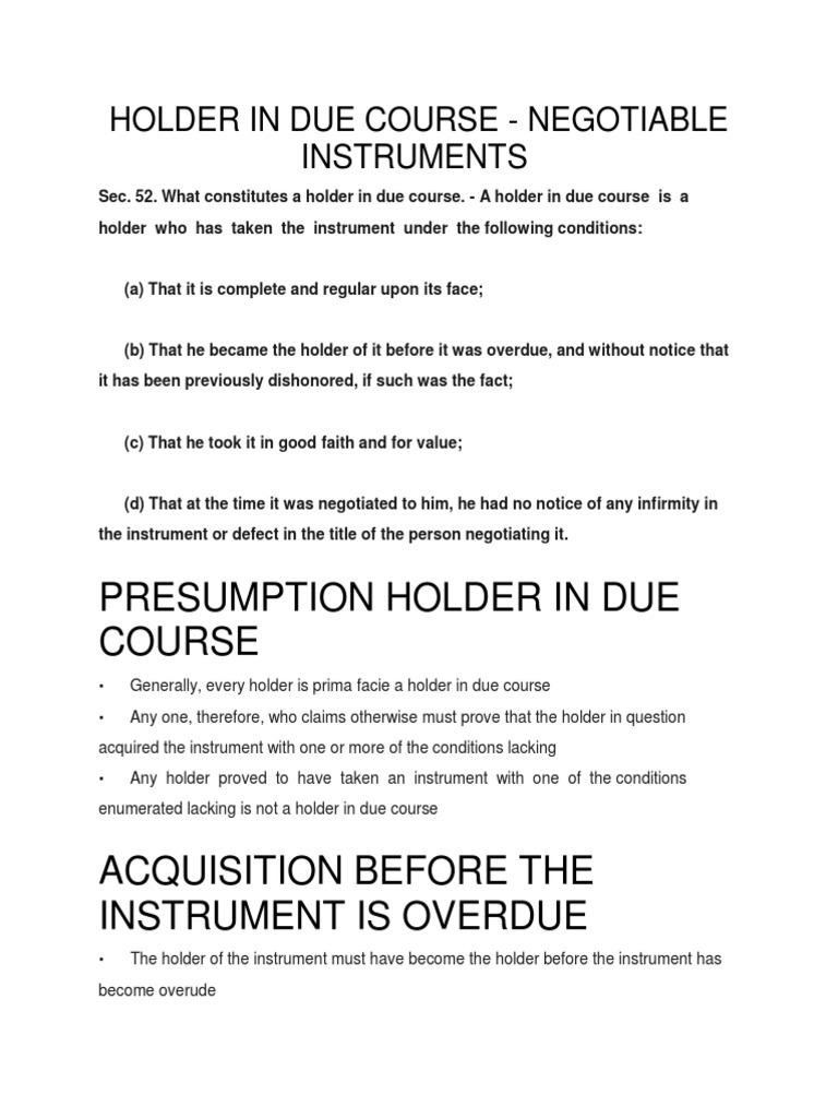 Nil Holder in Due Course PDF Negotiable Instrument Common Law