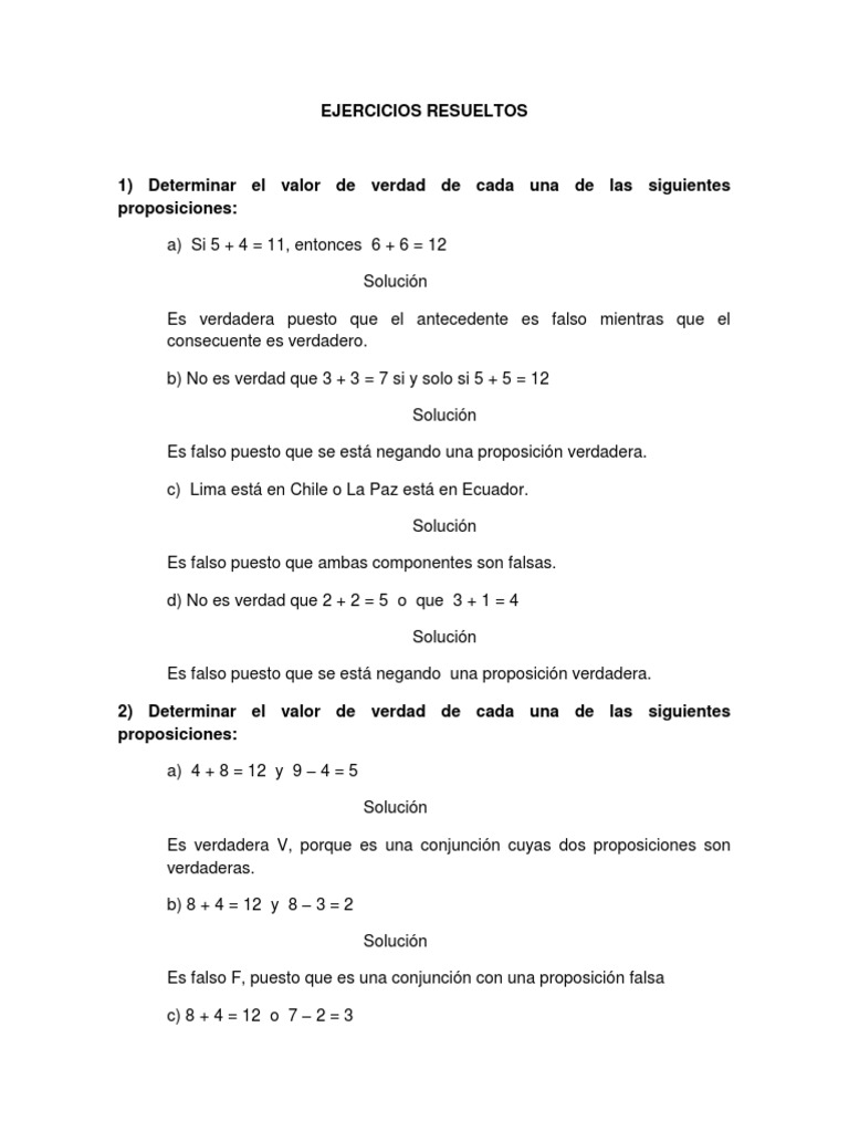 Ejercicios De Tablas De Verdad Resueltos Ejercicios Resueltos Lógica Matemática | PDF | Proposición | Expresiones  lógicas