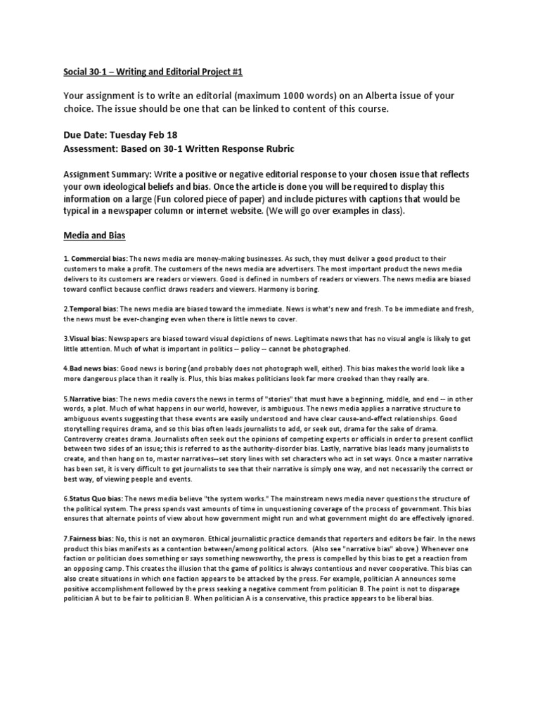 Writing An Editorial Project Sheet  News  Bias