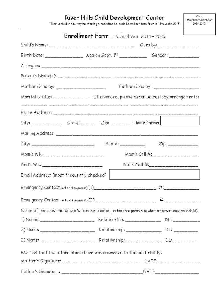 River Hills Child Development Center Enrollment Form | PDF