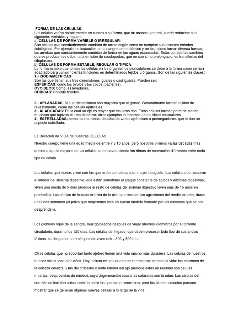 Forma de Las Celulas | PDF | Biología Celular) | Alimentos