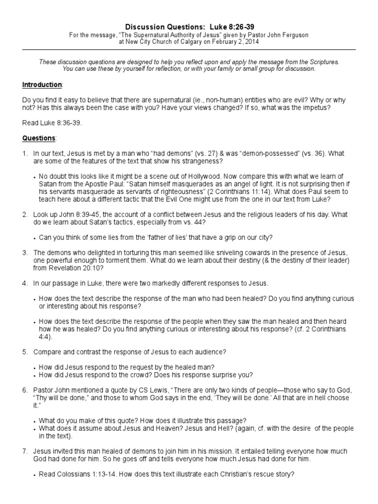 Reflection Questions (Luke 8.26-39) | Gospel Of Luke | Demons