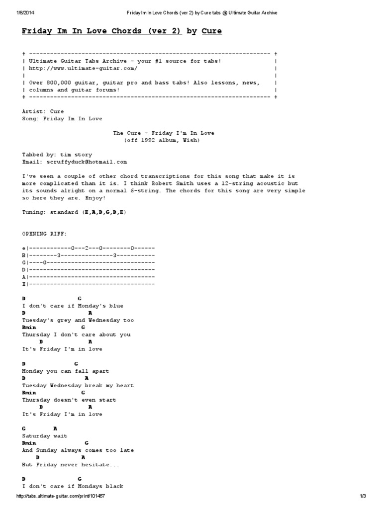 Friday Im in Love Chords (Ver 2) by Cure Tabs at Ultimate Guitar Archive PDF