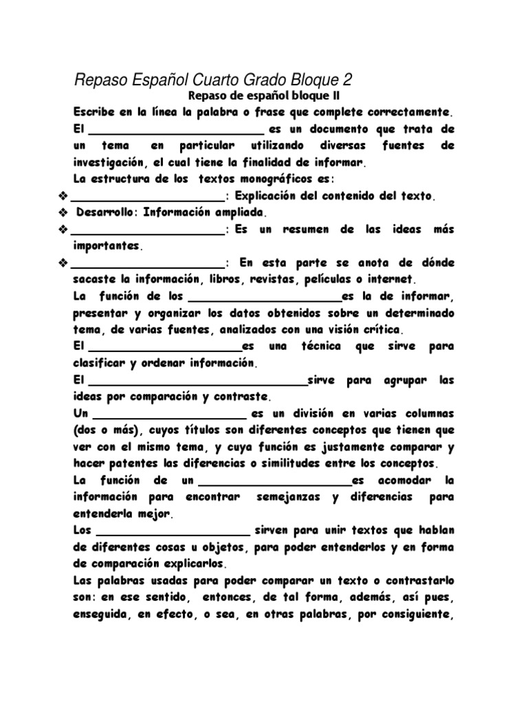 Repaso Español Cuarto Grado Bloque 2 | PDF | Información | Teatro