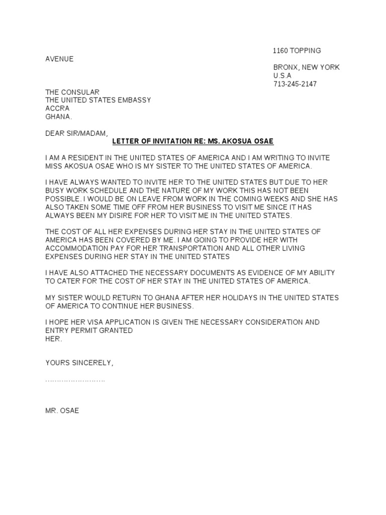 Invitation Letter America, Non Immigrant Visa Application Letter  PDF