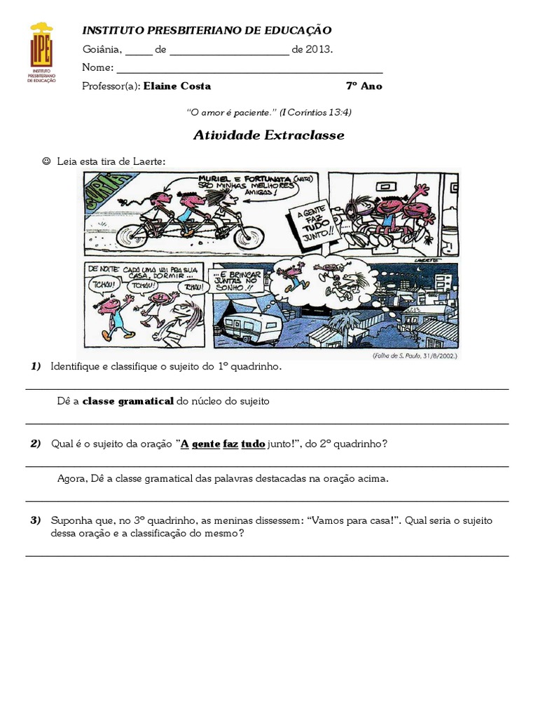 Transitividade Verbal Exercícios 7 Ano Com Tirinha