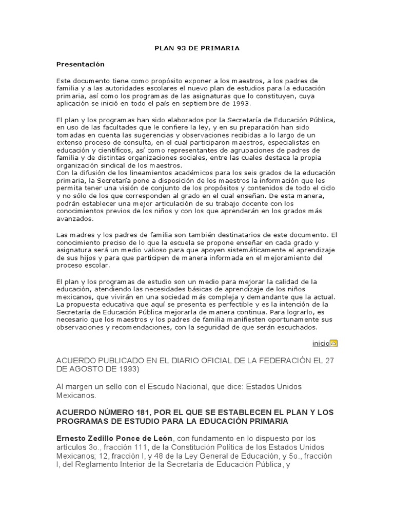Plan de Estudios 1993 para Primaria | PDF | Educación primaria | Plan ...