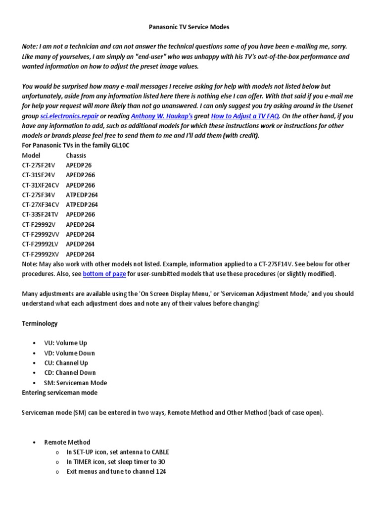 Panasonic TV Service Modes PDF Entertainment (General)