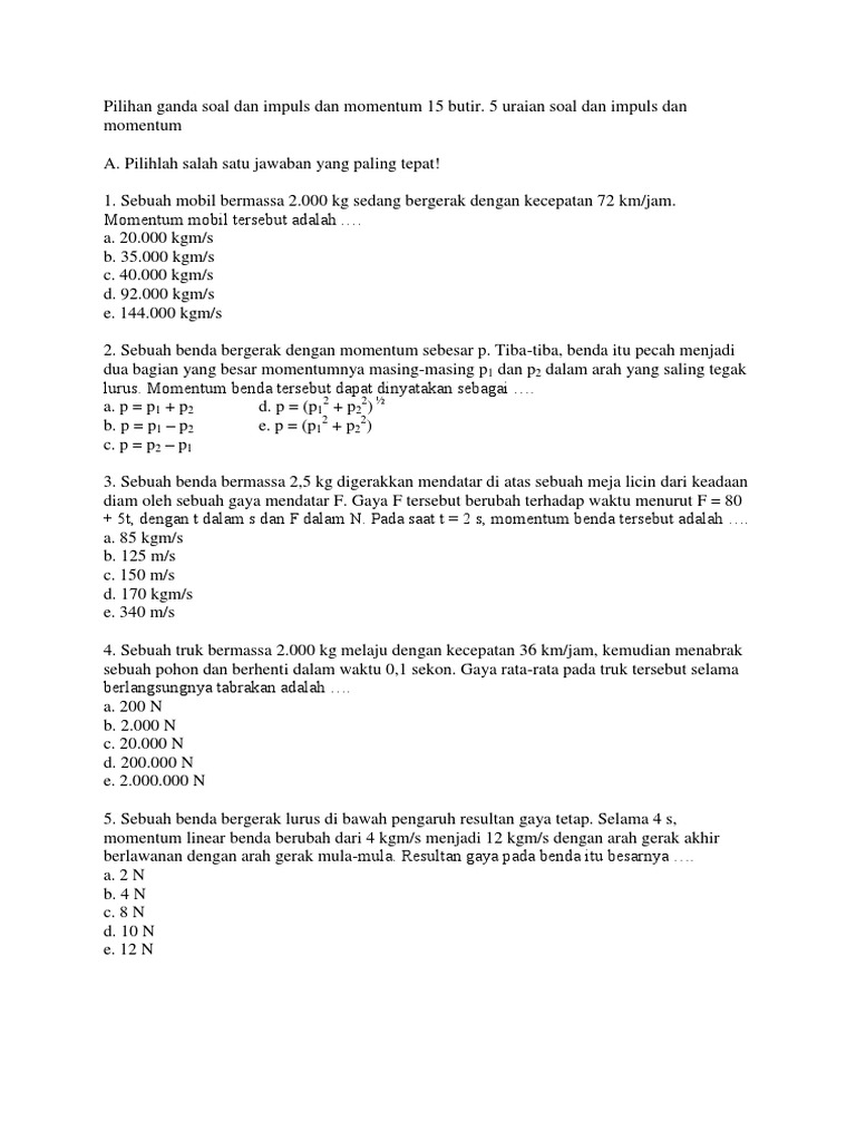 Pilihan Ganda Soal Dan Impuls Dan Momentum 15 Butir