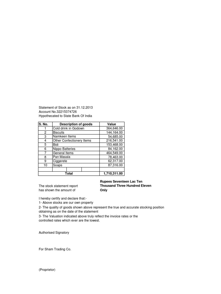 Stock Statement Report as of 2013 | PDF