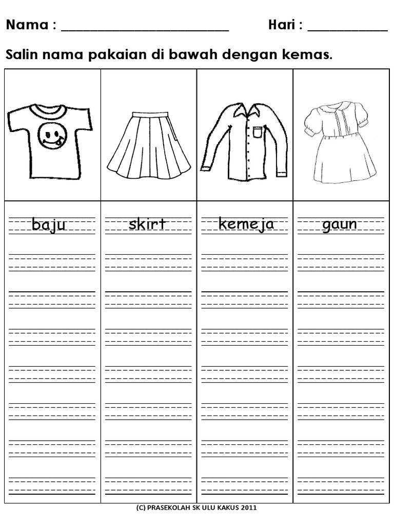Latihan Menulis Nama Pakaian - Empat Garis | PDF