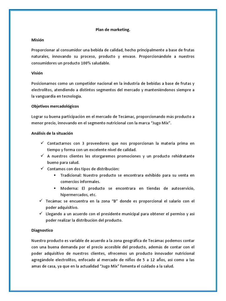 Plan de Marketing para Jugo Mix | PDF | Producto (Negocio) | Marketing