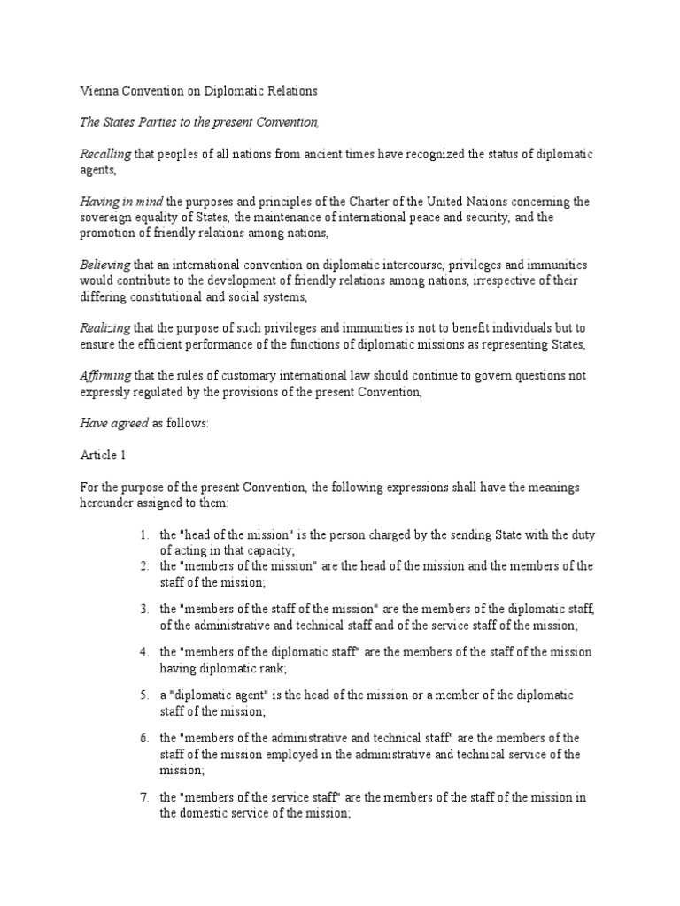 Vienna Convention On Diplomatic Relations PDF Sovereign Immunity