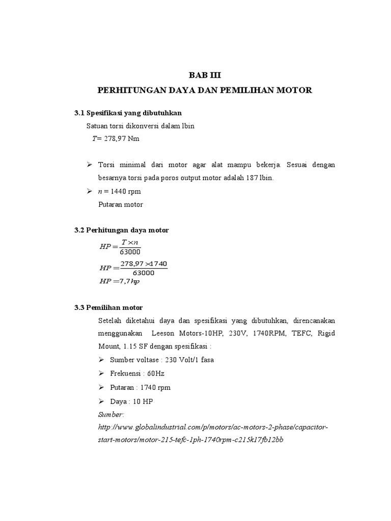 Perhitungan Daya dan Pemilihan Motor 10HP | PDF | Teknologi & Rekayasa