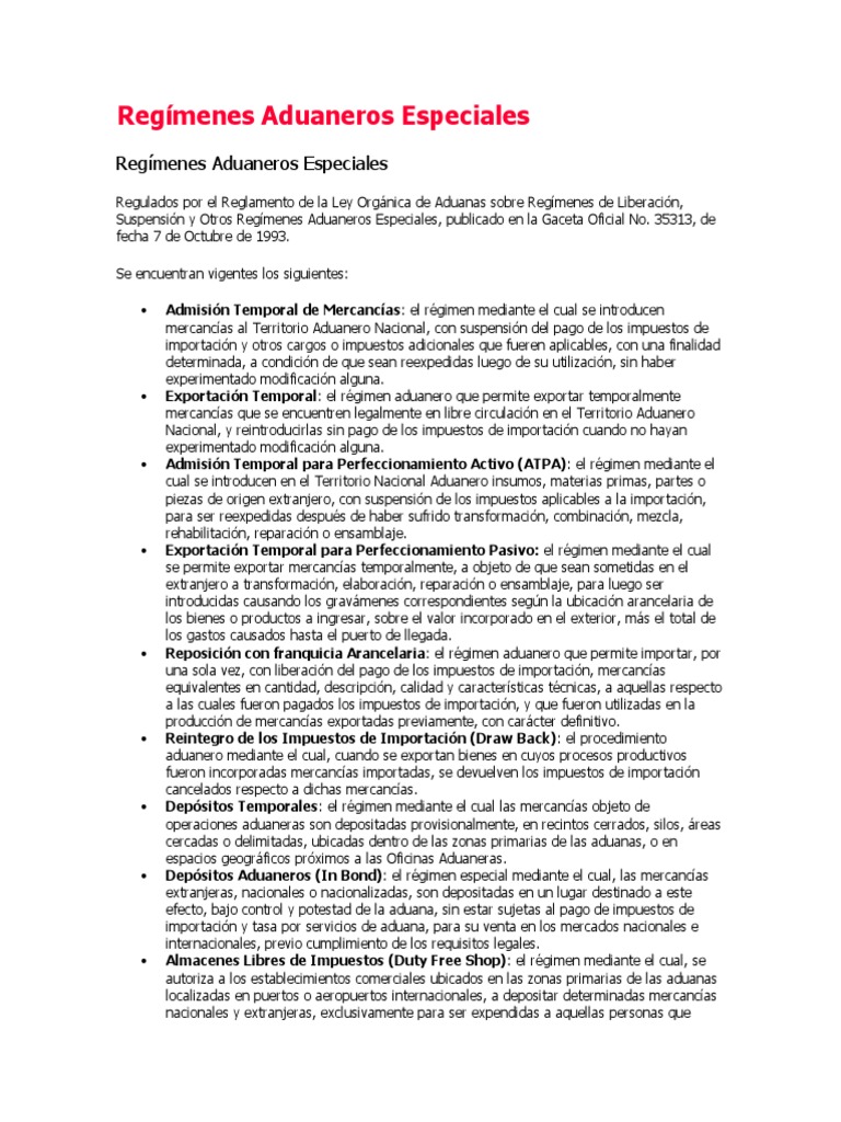 Regímenes Aduaneros Especiales en Venezuela | PDF | aduana | Venezuela