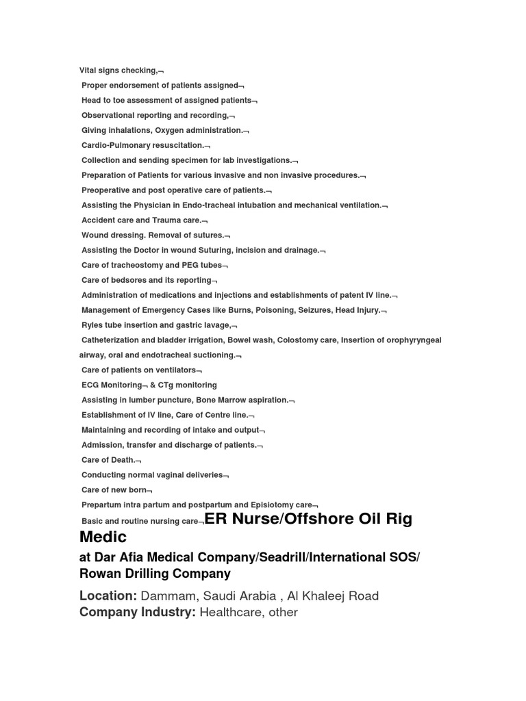 ER Nurse/Offshore Oil Rig Medic at Dar Afia Medical Company/Seadrill/International SOS/ Rowan