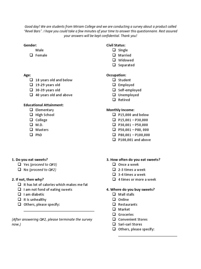 Revel Bars Customer Survey Questionnaire | PDF | Food And Drink | Business