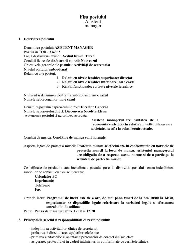 Asistent Manager Fisa Postului