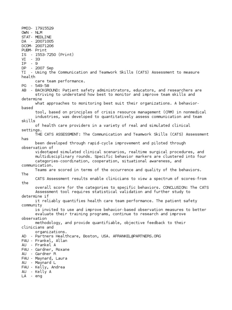 CATS Assessment for Healthcare Team Performance | PDF | Pub Med | Surgery