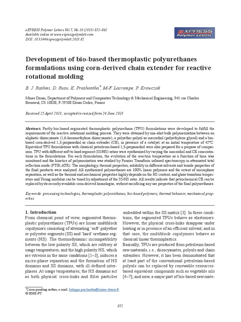 Development of Bio-Based Thermoplastic Polyurethanes Formulations Using ...