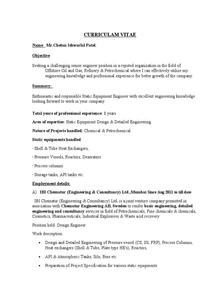 ResumeStatic Equipment Designer Chemical Reactor Production And