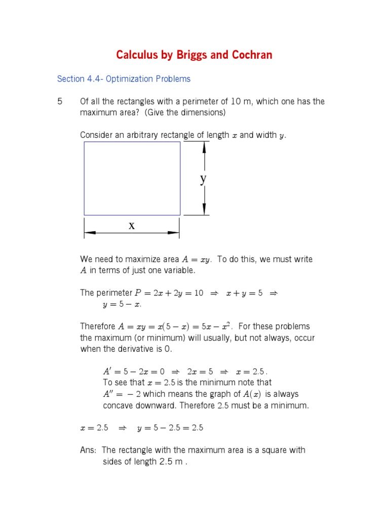 Calculus by Briggs and Cochran: Section 4.4-Optimization Problems | PDF ...
