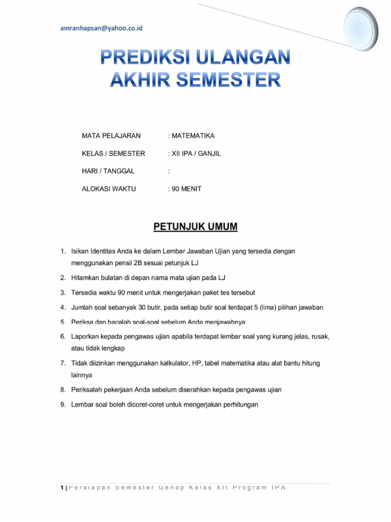 Soal Matematika Semester Ganjil Sma Kelas Xii Ipa Paket 1
