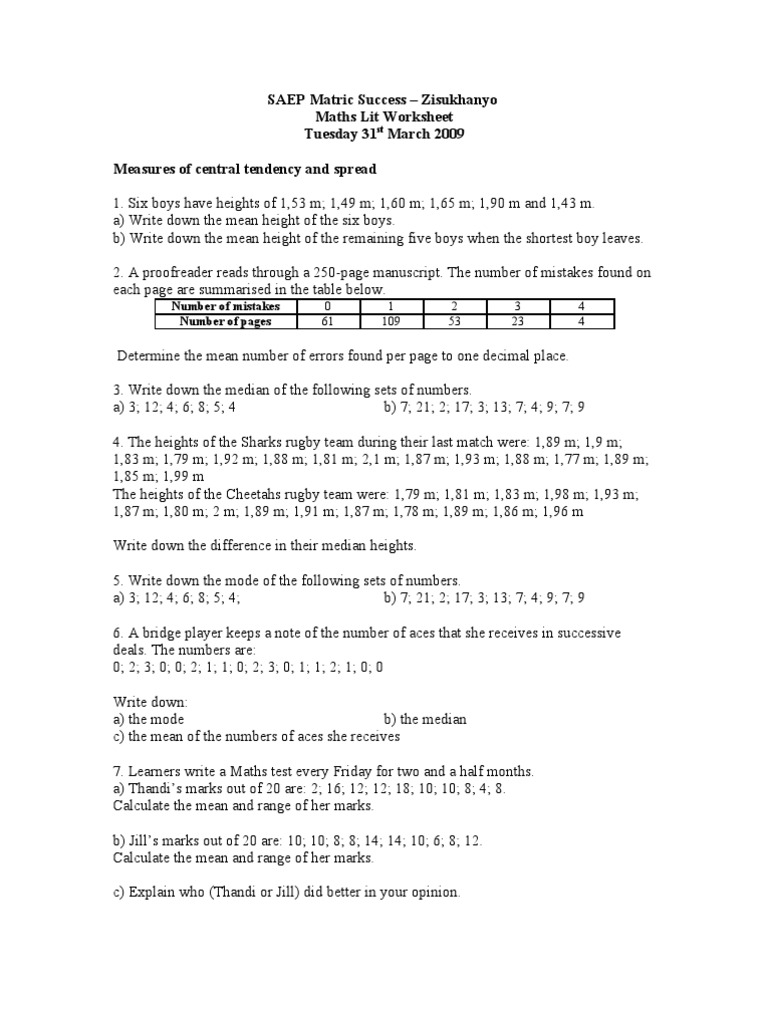 Maths Lit Worksheet: Central Tendency & Spread | PDF | Statistical ...