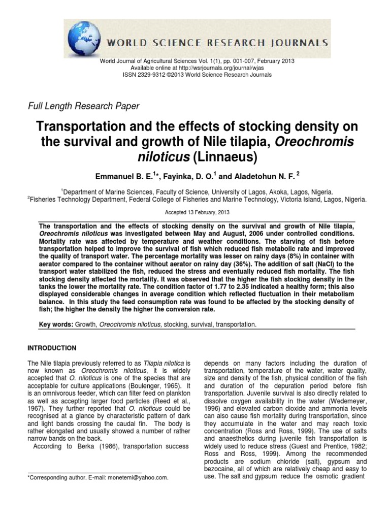 Transportation and The Effects of Stocking Density On The Survival and ...