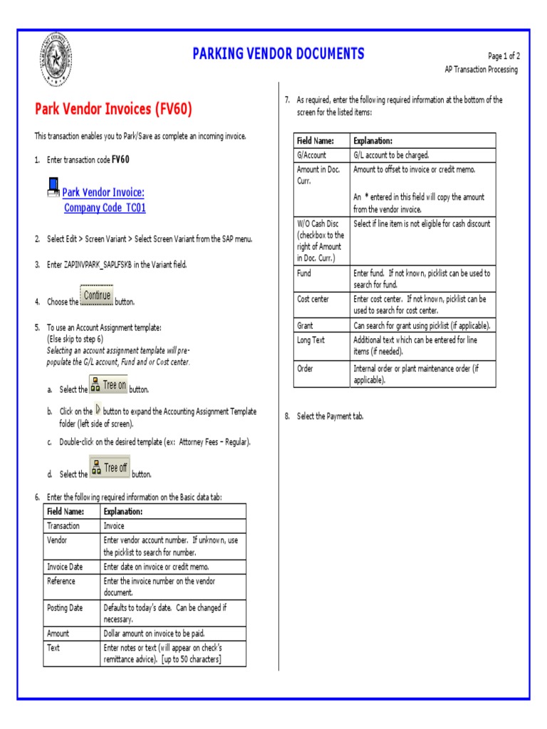 Park Vendor Invoices T.Code FV60 Invoice Cheque