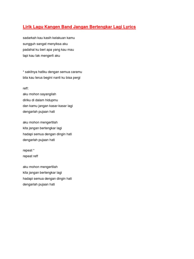 Lirik Lagu Kangen Band Jangan Bertengkar Lagi Lyrics
