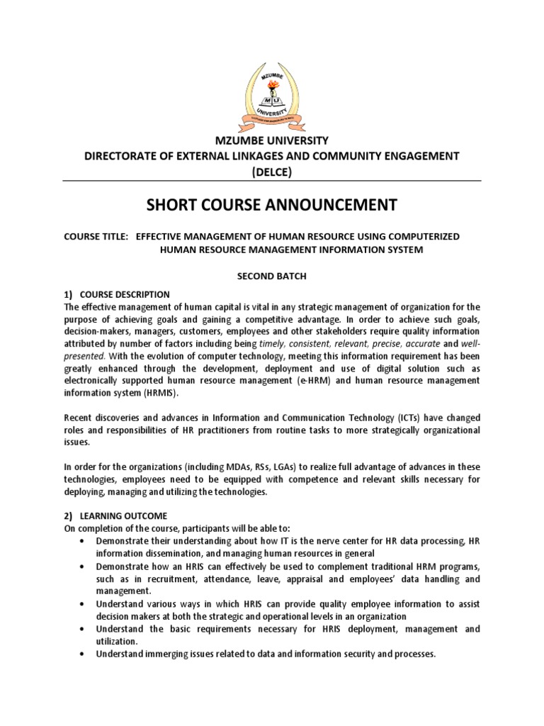 HRMIS Course Announcement February 2014 Human Resource Management